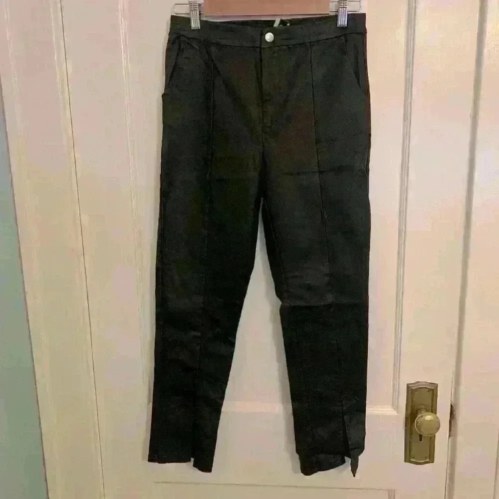 Princess Polly Ryan Pants, Black faux leather style, split hem, Women’s size 10